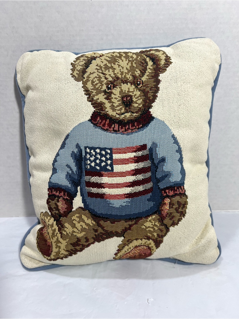 RARE VTG Ralph Lauren Polo Bear Woven Throw Pillow 12x12 American Flag Preppy